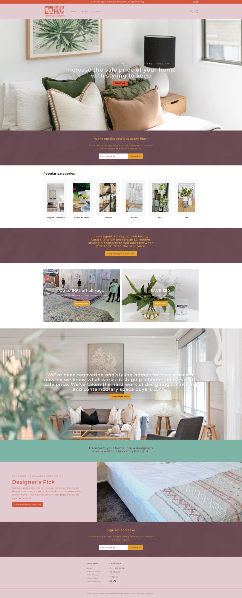 Stylist in a Box Shopify website design for interior styling collections